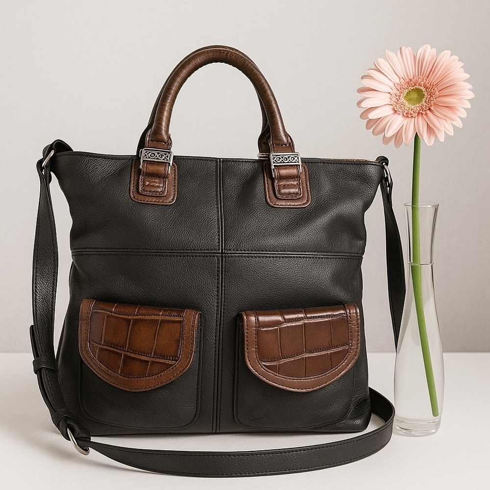 Brighton Black & Brown Leather Tote Bag with Silver Hardware - Picture 2 of 8